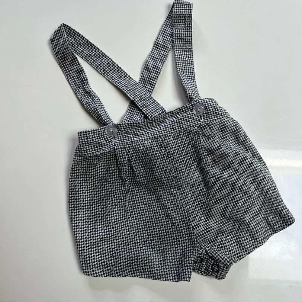 Charming Vintage Unisex Baby Classic Houndstooth Suspender Overall Shorts Romper
